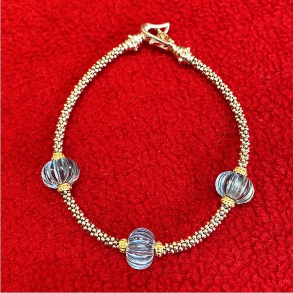 LAGOS 18K Gold & Sterling Silver Caviar Blue Topaz Melon Bead Bracelet.